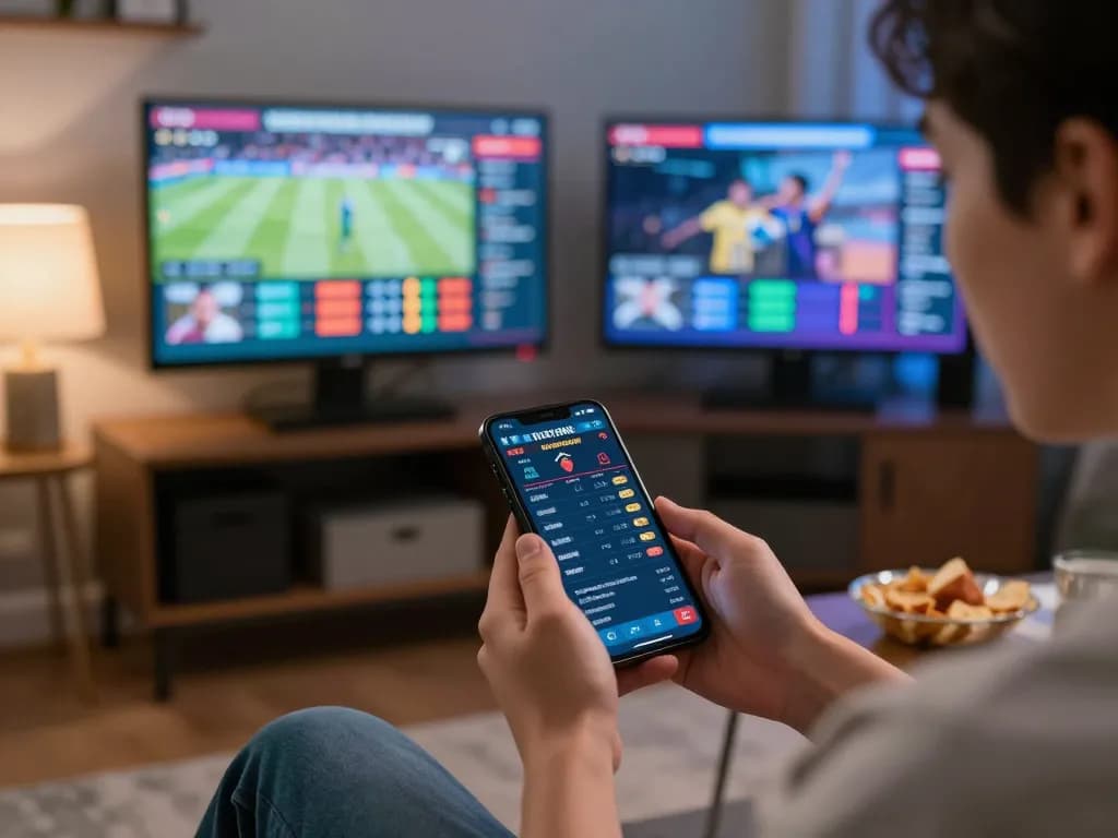 Engaging in live betting on keonhacai app from a cozy home setup with multiple sports games displayed