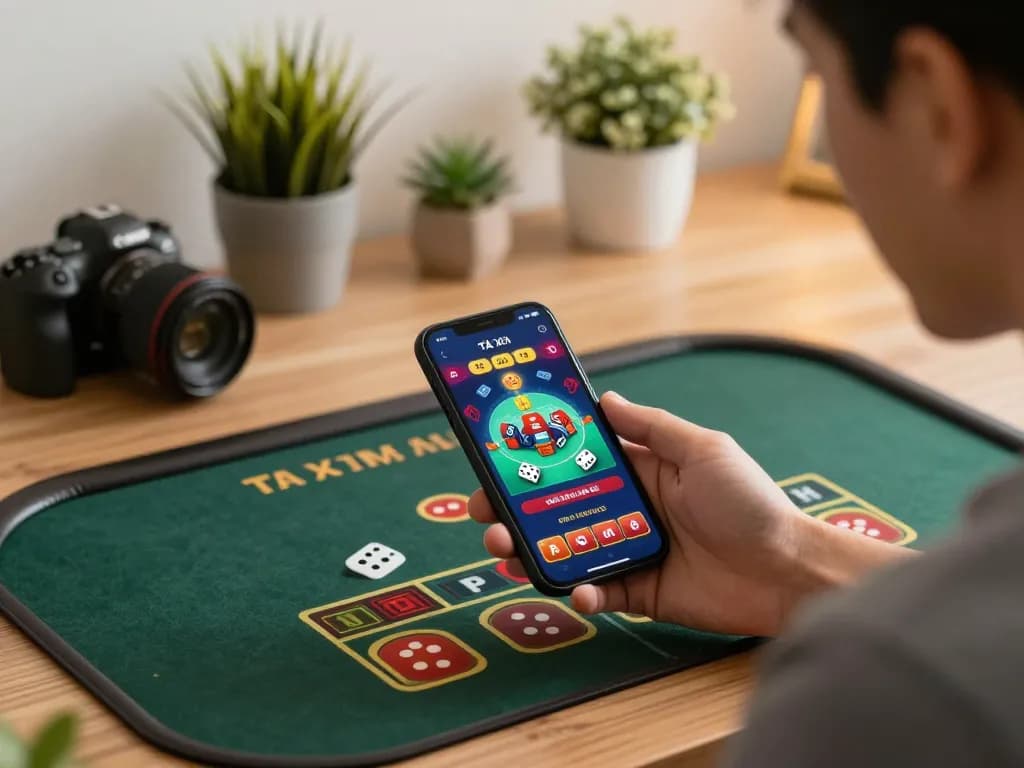 Tai xiu online gameplay interface accessed on smartphone from taixiuonline8 at stylish home office.