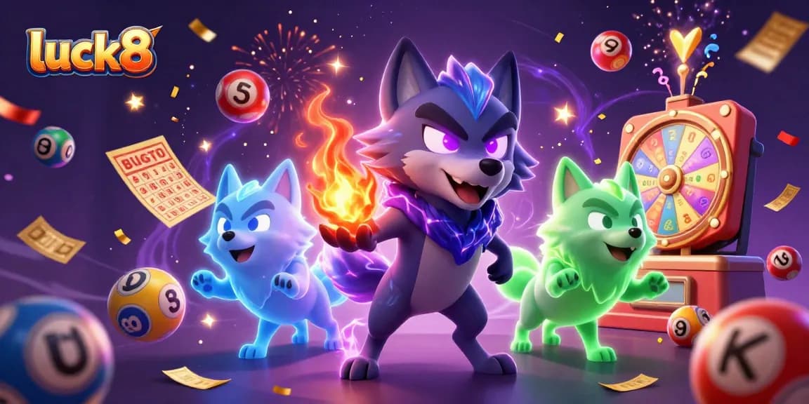 Win exciting rewards with luck8 in this vibrant lottery-themed 3D scene featuring lucky wolves.