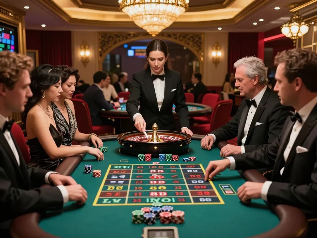 XIBET players eagerly watching the roulette wheel spin in an elegant casino environment.