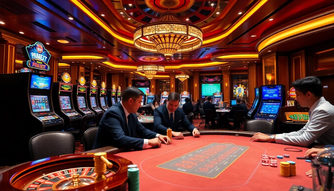 Engaged players at a high-stakes poker table in an exciting casino environment, featuring link thabet.