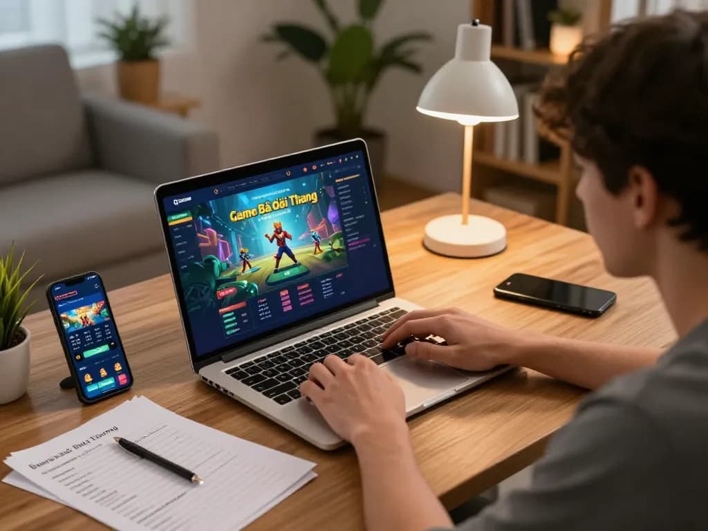 Player strategizing for Game Bài Đổi Thưởng on laptop, showcasing immersive online gaming.