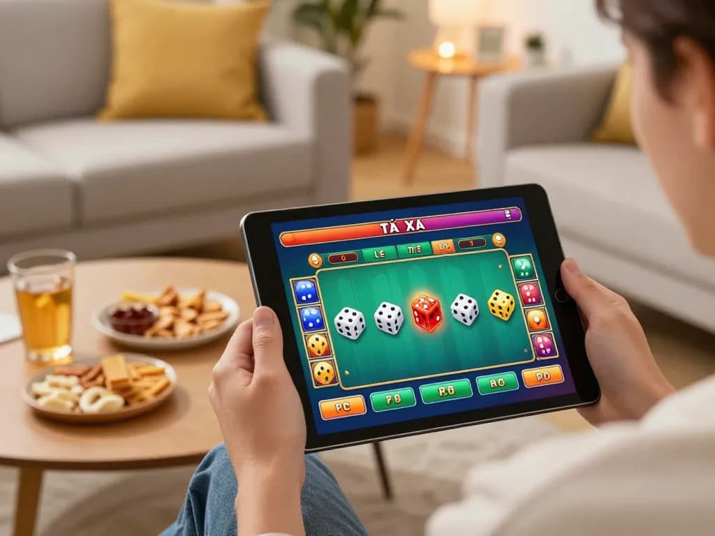Engaging atmosphere of Tài Xỉu online gameplay on a tablet at home, highlighting strategic betting.