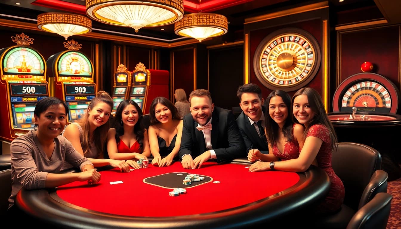Play thrilling poker at https://bj88h.org/ in a luxurious casino setting with vibrant players and exciting action.