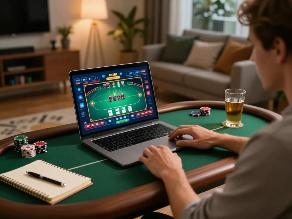 Engaging in online casino gaming on LV88, showcasing vibrant poker game action at home.