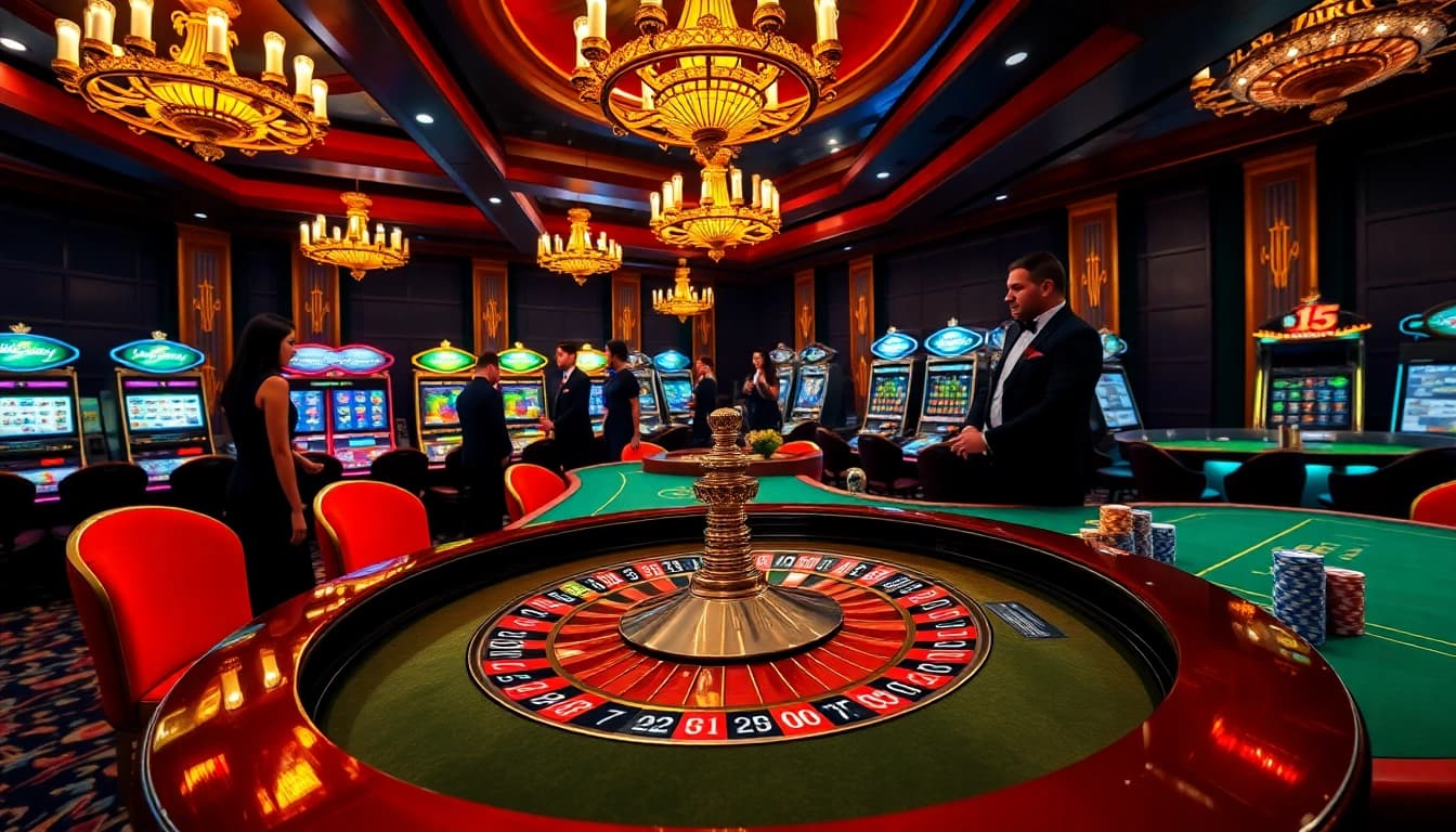 Players engaging in a high-stakes game at tylenhacai7.com with an elegant roulette table and vibrant casino atmosphere.