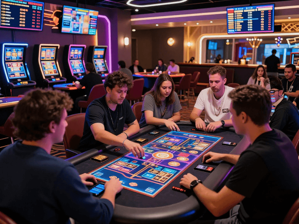 Exciting crypto casino scene with diverse players engaging in digital gaming, neon lights, and high-tech ambiance.