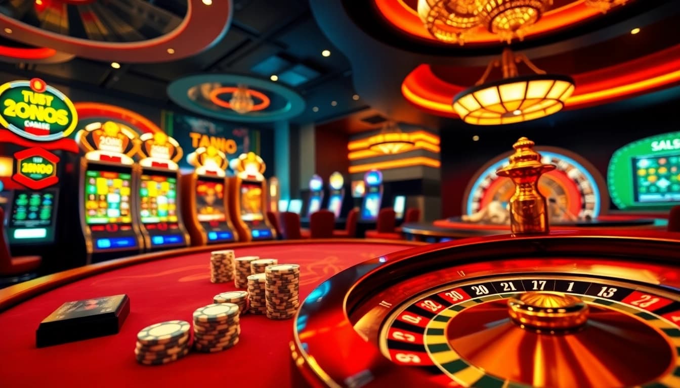 A thrilling scene of online gambling at trang chủ nk88 featuring vibrant slot machines, poker chips, and a roulette wheel.