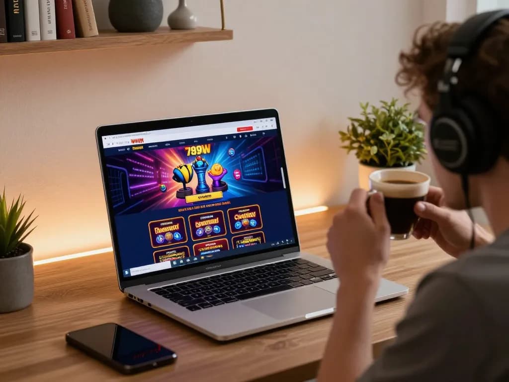 Engaged user playing at https://789winn.click/ with immersive online casino games displayed on laptop.