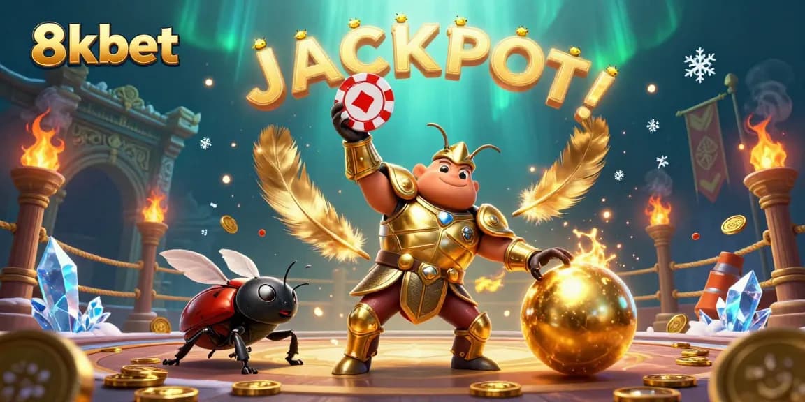 Experience the thrill of 8xbet with a victorious hercules beetle and golden chips in a vibrant casino scene.
