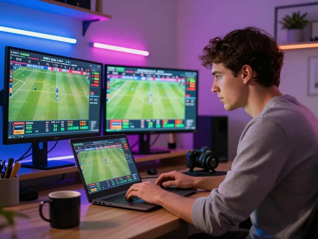 Engaging bettor placing live bets with nhacaiuytin on a laptop in a modern home office