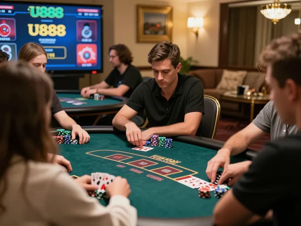 Players engage in a strategic poker game at U888's online casino, showcasing excitement and competition.