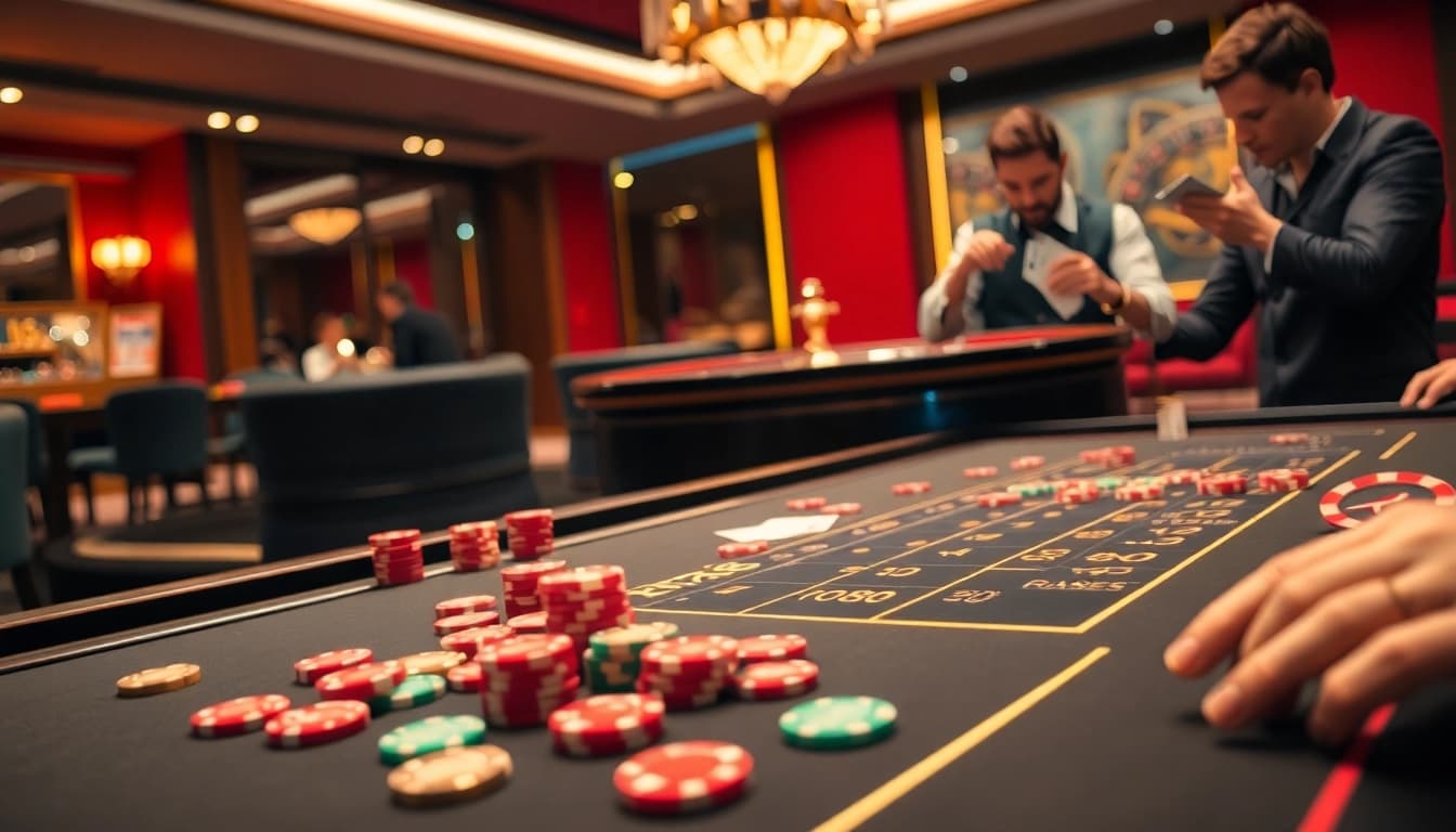 Engaging scene at RR88 casino table with vibrant poker chips and an exciting atmosphere.