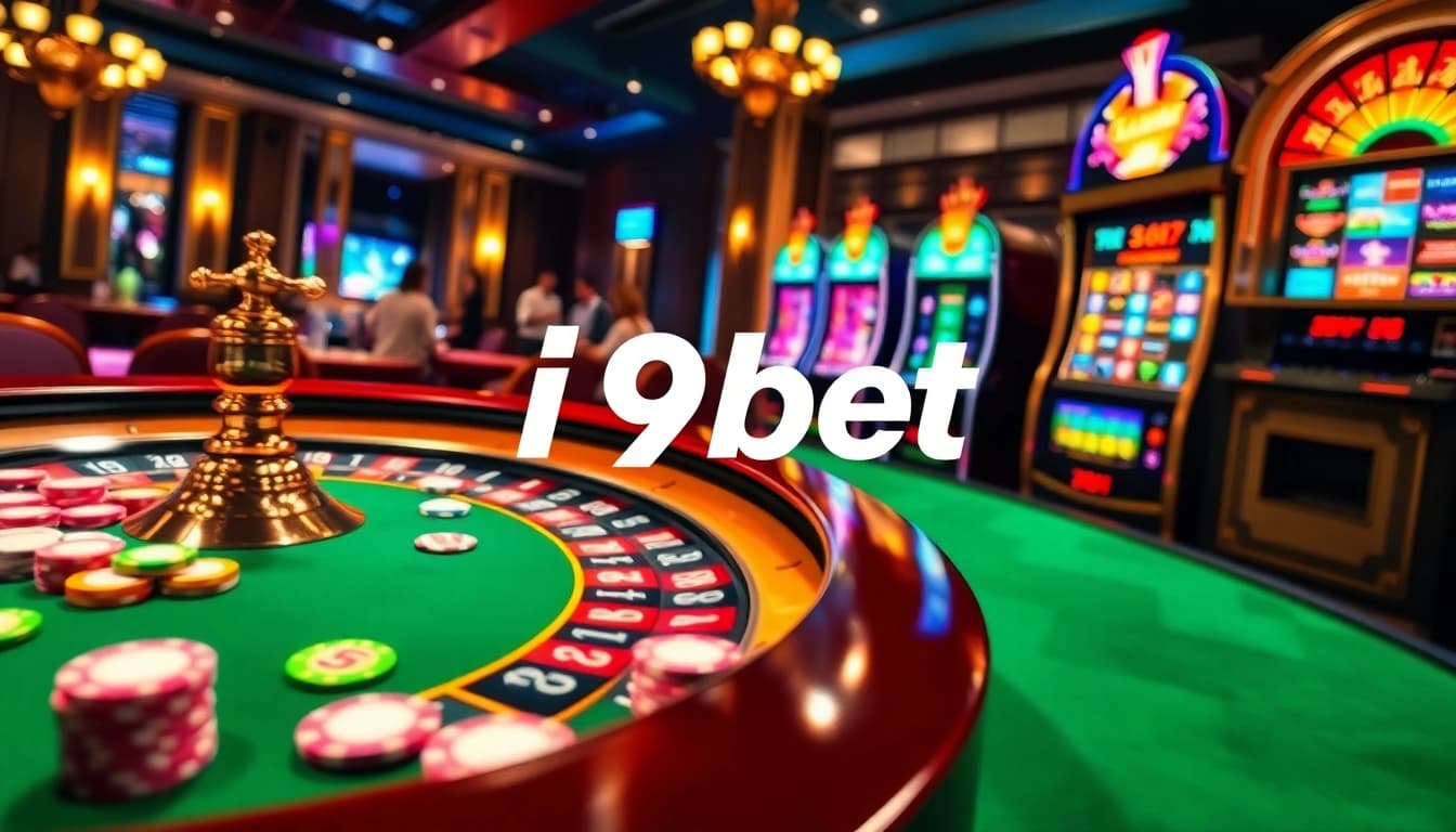 This vibrant casino scene highlights players enjoying games at i9bet, showcasing excitement and luxury in gambling.