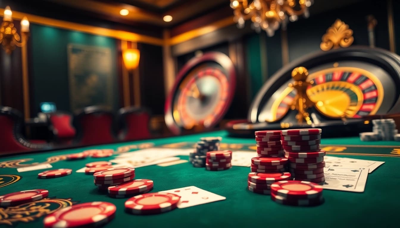 Daga gaming table overflowing with poker chips and high-stakes cards in a luxurious casino.