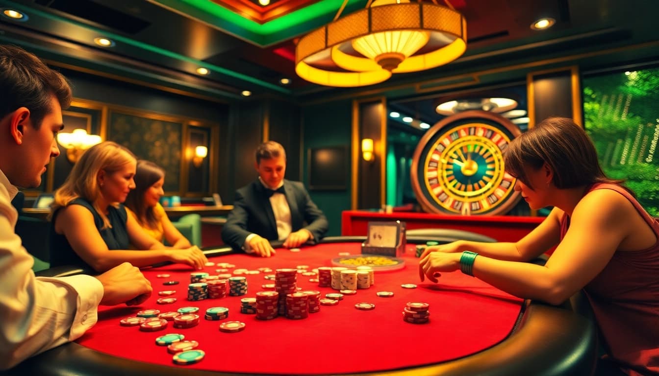 Experience the excitement of nk88 win at a vibrant casino table with engaged players and dealer.