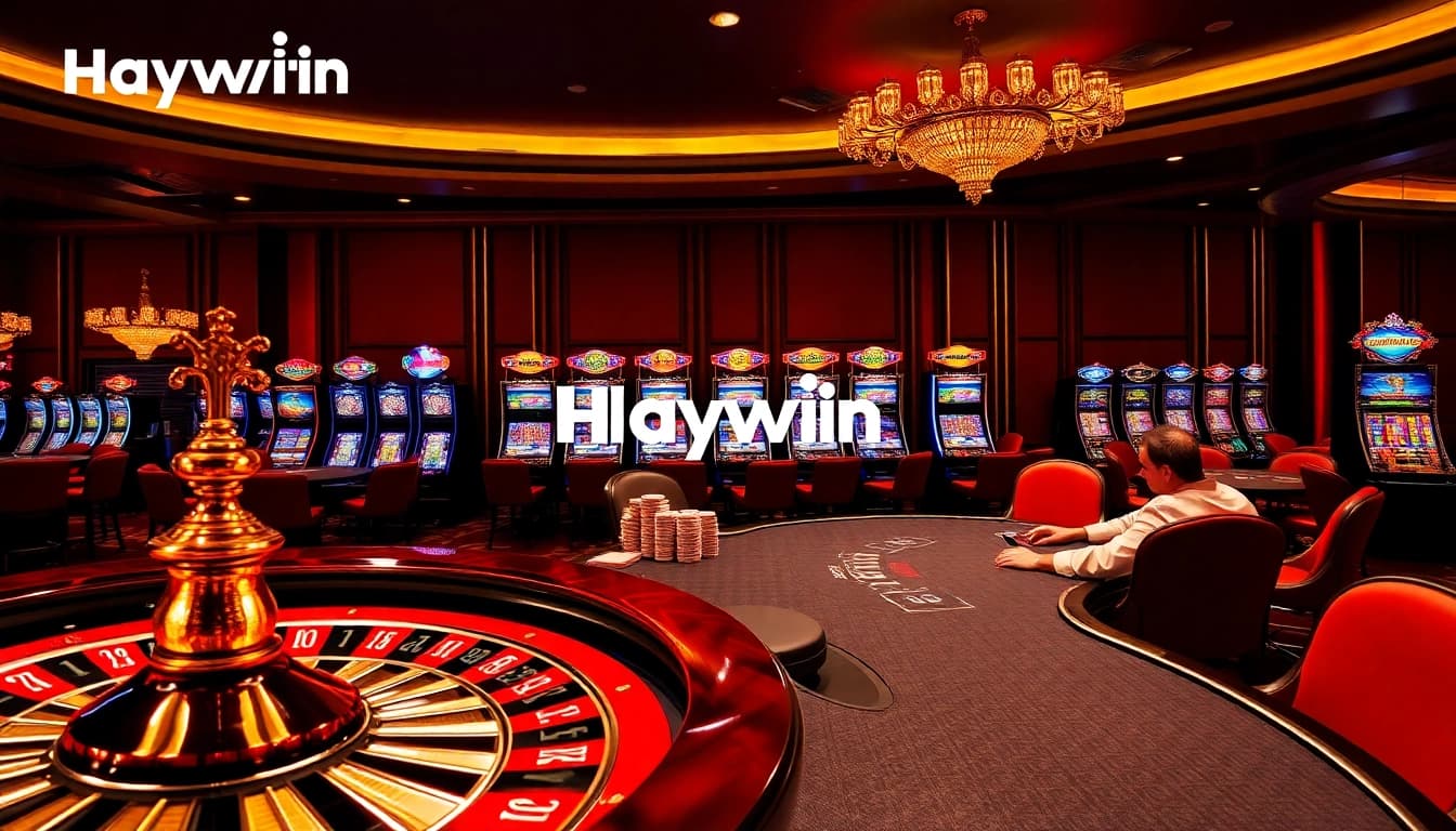 Engage with Haywin's vibrant casino experience featuring poker chips and a roulette wheel.