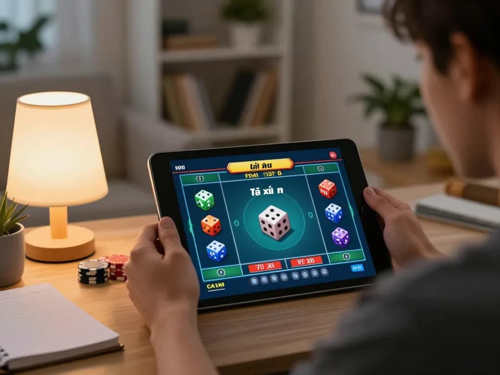 Engaging with tài xỉu online game on tablet in a cozy living room atmosphere.