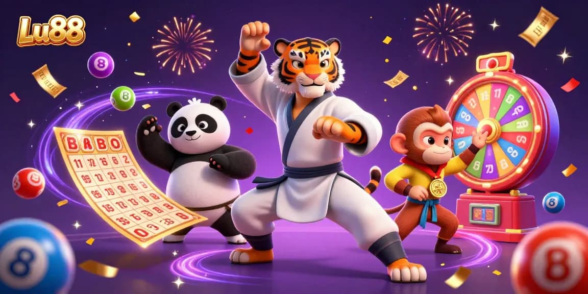 Experience excitement at Lu88 with a kung fu master and vibrant lottery elements.