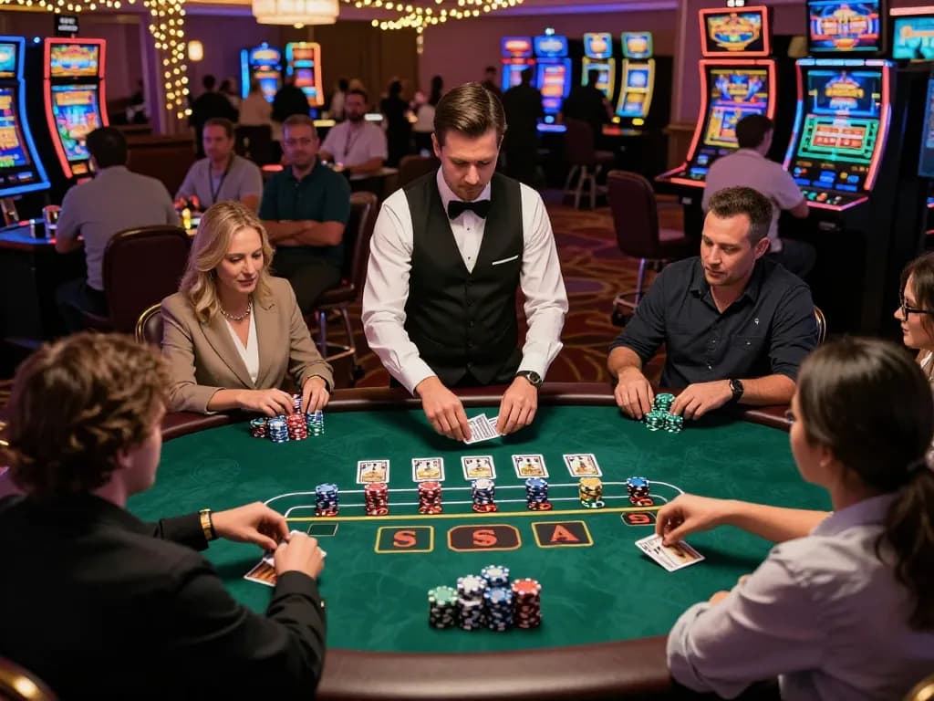 Players engaged in a thrilling blackjack game at a casino table featuring SC88 strategies for winning.