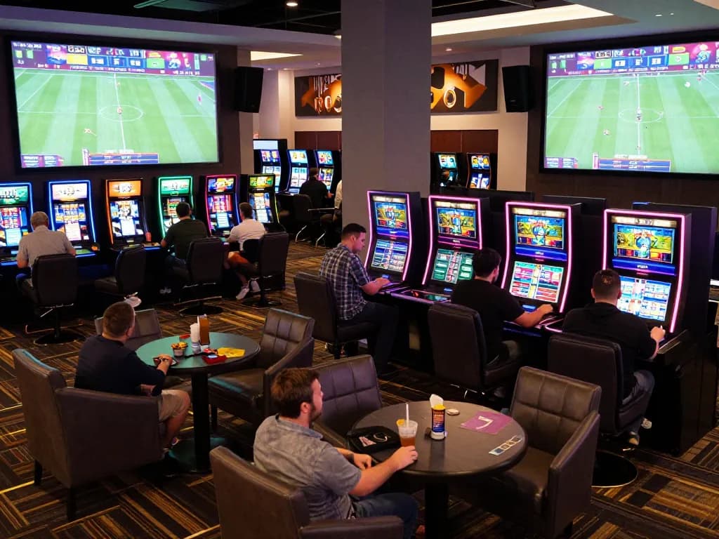 KÈO TRỰC TUYẾN enthusiasts engaging in live sports betting at a vibrant casino lounge.