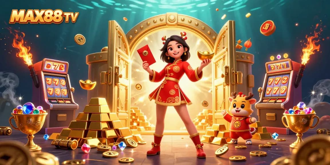 Experience the vibrant world of MAX88 TV with dynamic casino elements and festive atmosphere.