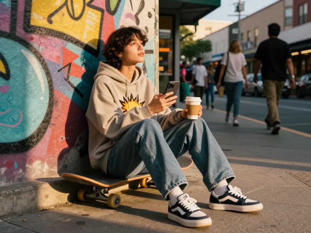 Stylish individual in sunwin hoodie against vibrant street art, showcasing urban fashion.