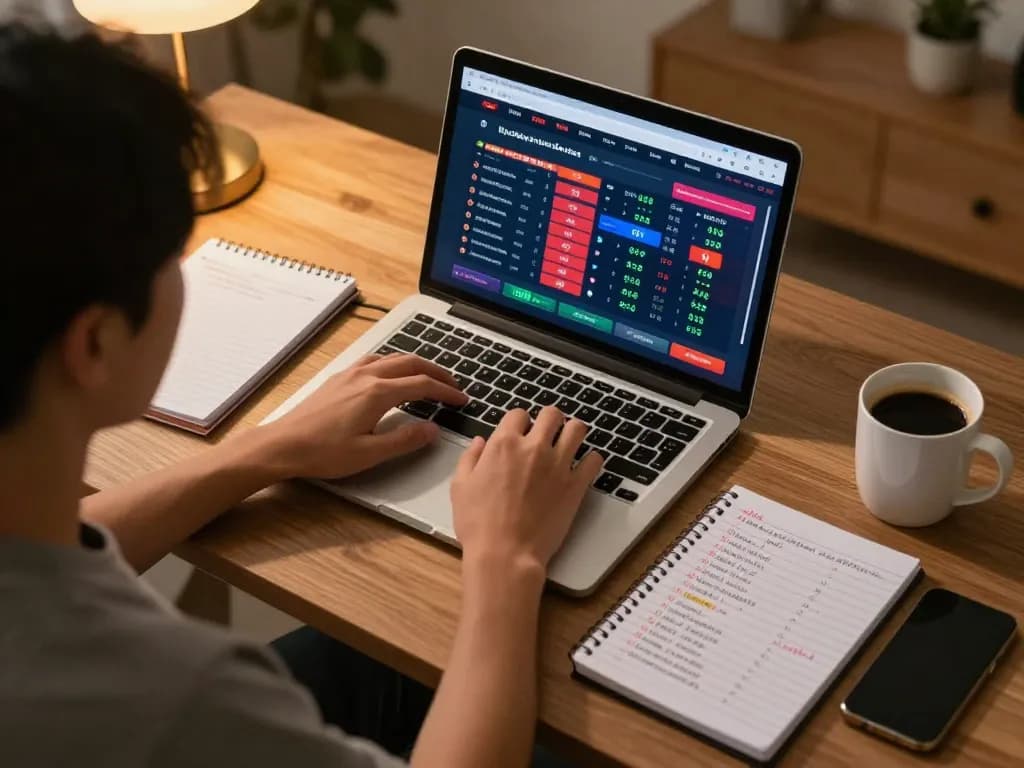 Engaged bettor analyzing keo nha cai odds on laptop in a cozy workspace, highlighting strategic gambling.