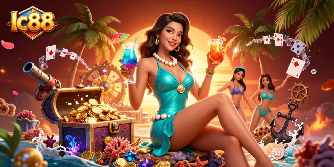 Experience the excitement of lc88 gambling with a glamorous woman enjoying a tropical casino setting.