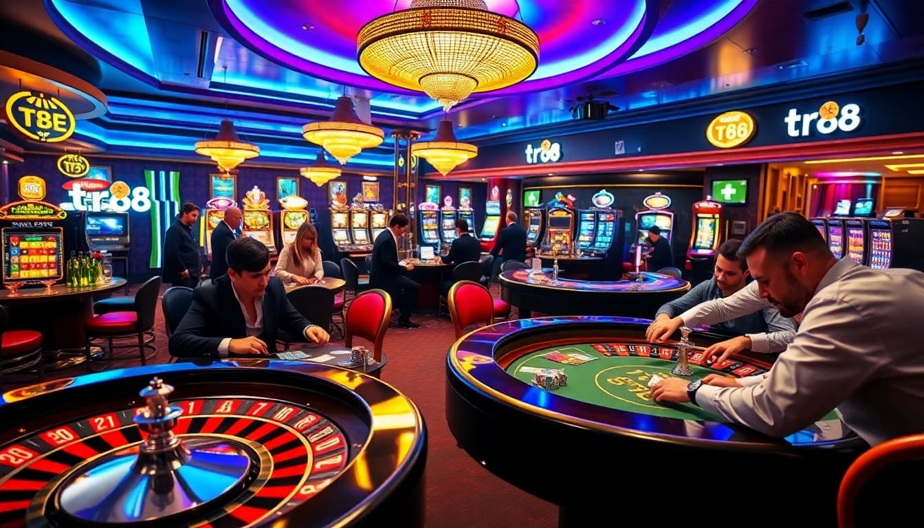 Engaging poker players at a high-stakes table in a luxurious casino featuring tr88 branding.