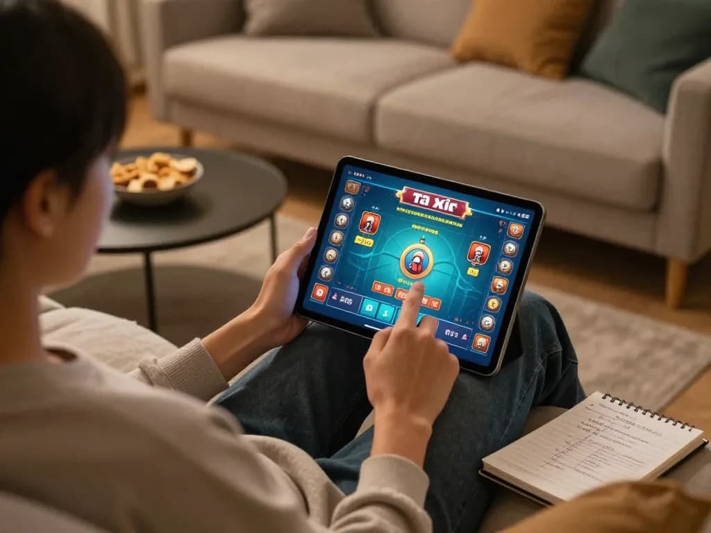 Person engaging in tài xỉu online, enjoying a relaxed home gambling experience with tablet interface visible.