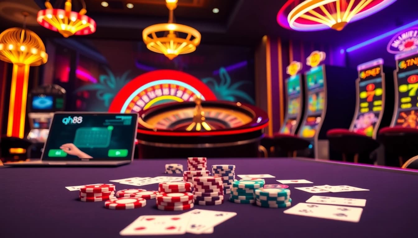 Experience the excitement of qh88 with a luxurious casino table and vibrant gaming elements.