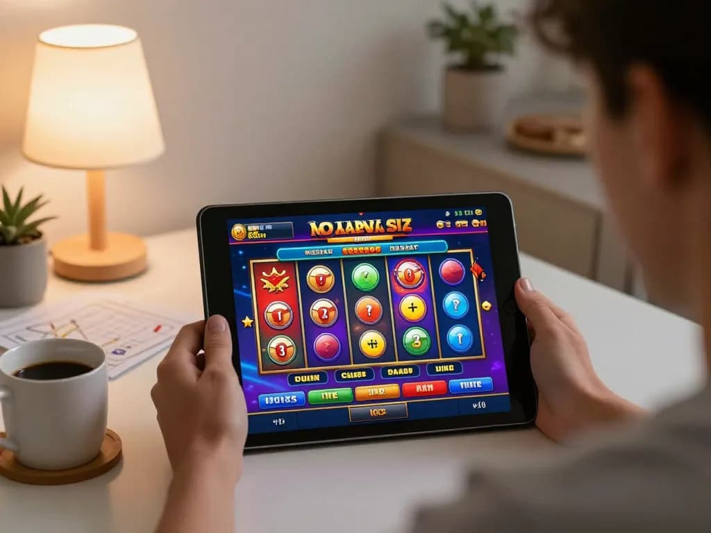 Engaging home gaming experience with Slot Malaysia on tablet, featuring vibrant reels in action.