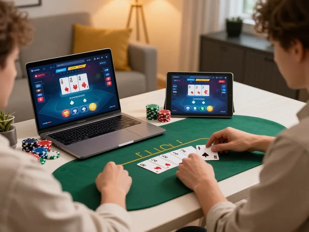 daftar idn poker online game with players making strategic bets on a laptop and tablet