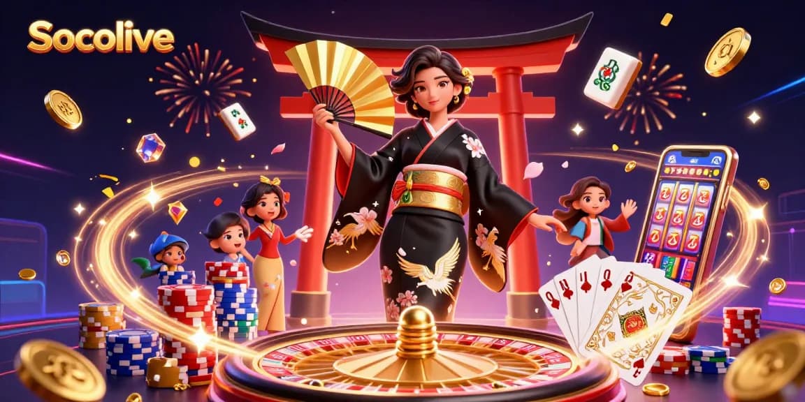 Socolive showcases an elegant scene capturing live gambling action, with an Asian woman in a stylish kimono style amidst falling petals and vibrant casino elements.