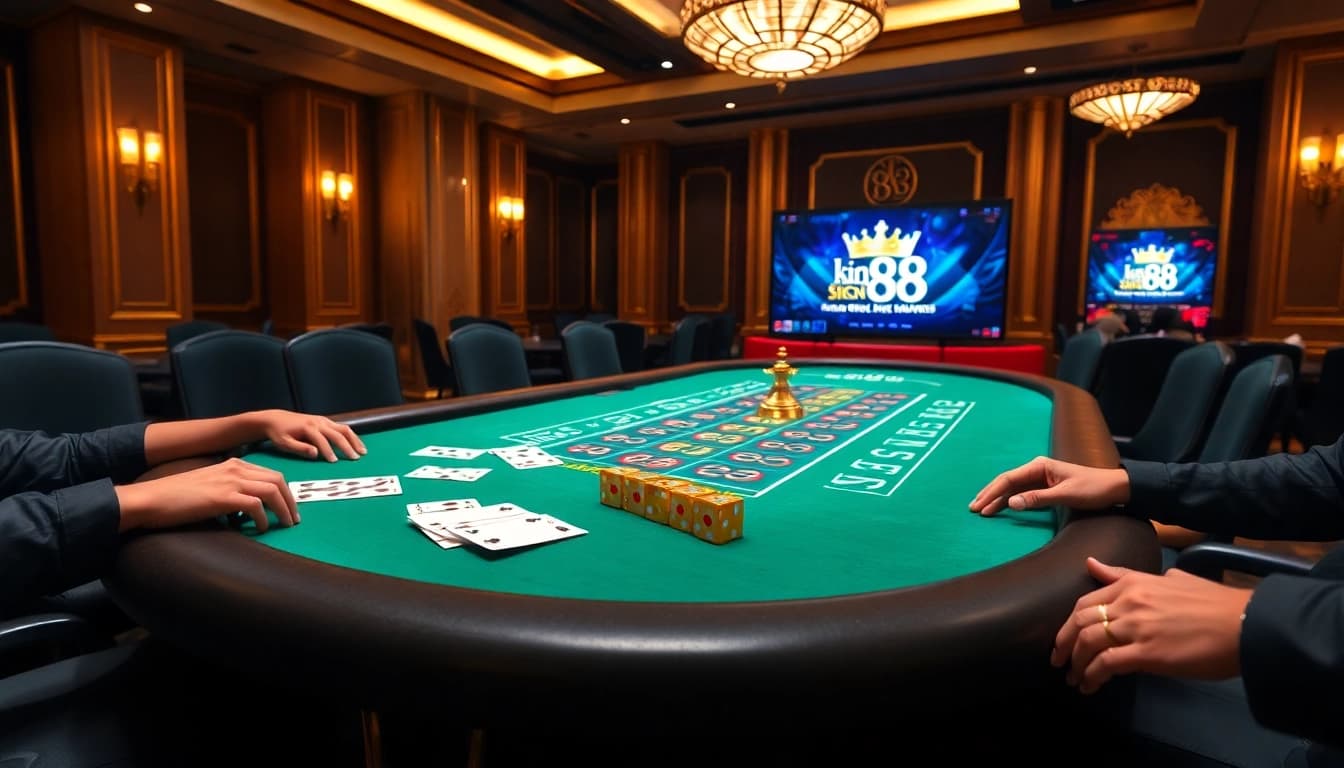 A dynamic casino scene with players enjoying games at king 88's luxurious tables and equipment.