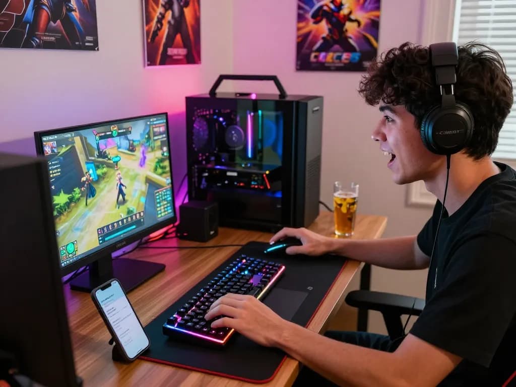 Player enjoying action-packed gameplay at https://sc88e.com/ with stylish gaming setup and vibrant atmosphere.