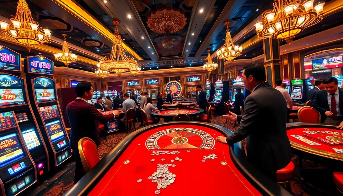 Enjoying a game at TT88 casino with vibrant slot machines and poker tables.