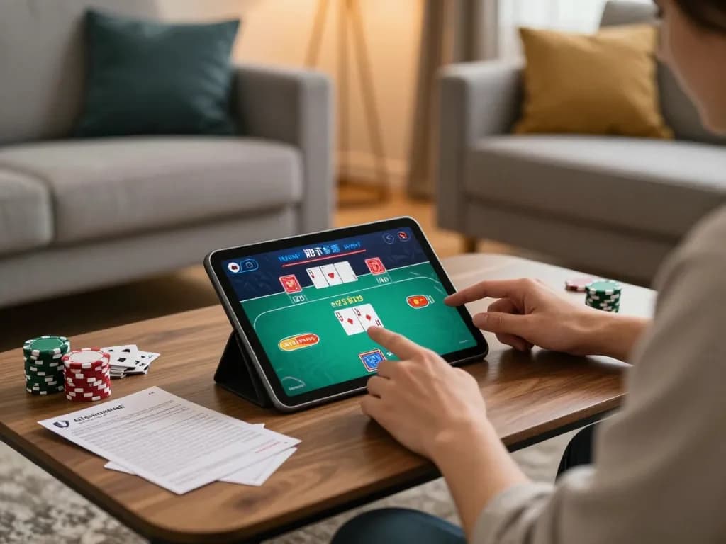 king88 player enjoying poker on tablet in cozy living room setting, focused on game strategy