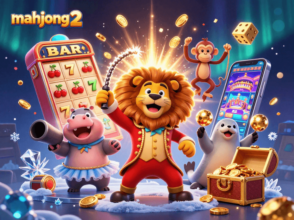 Experience the vibrant excitement of mahjong 2 with a colorful casino scene featuring animals and jackpots.