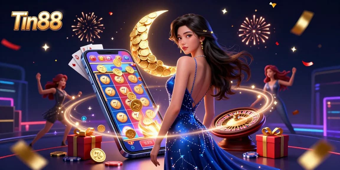 Experience the exhilarating offers at Tin88 with vibrant slot games and festive casino elements.