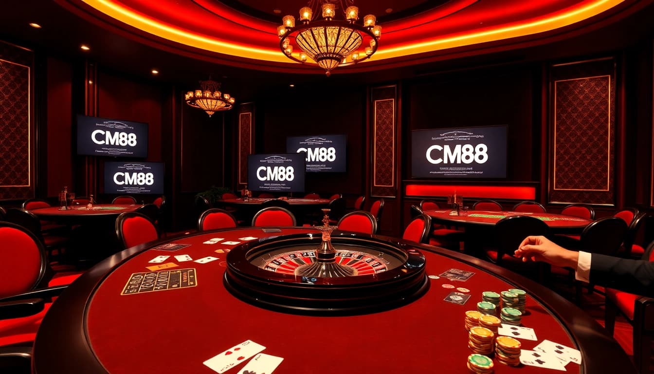 Experience thrilling gameplay at CM88 with casino tables, cards, and vibrant chips.