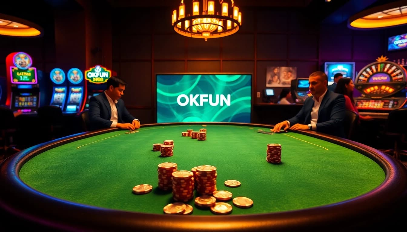 Players engage in high-stakes poker at an elegant casino table, showcasing the thrilling atmosphere of OKFUN.