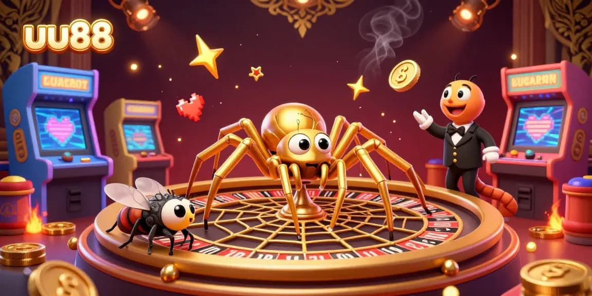 Experience the thrill at uu88 casino with a golden roulette web and vibrant arcade games.