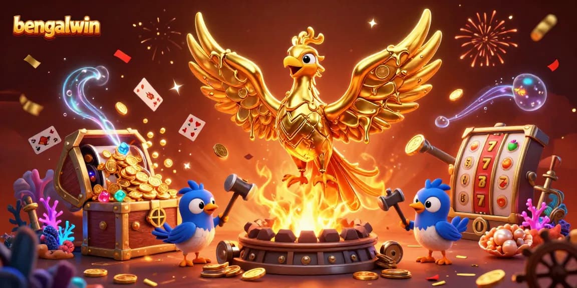 Bengalwin showcases a vibrant 3D scene featuring a golden phoenix and dynamic casino elements celebrating gaming victories.