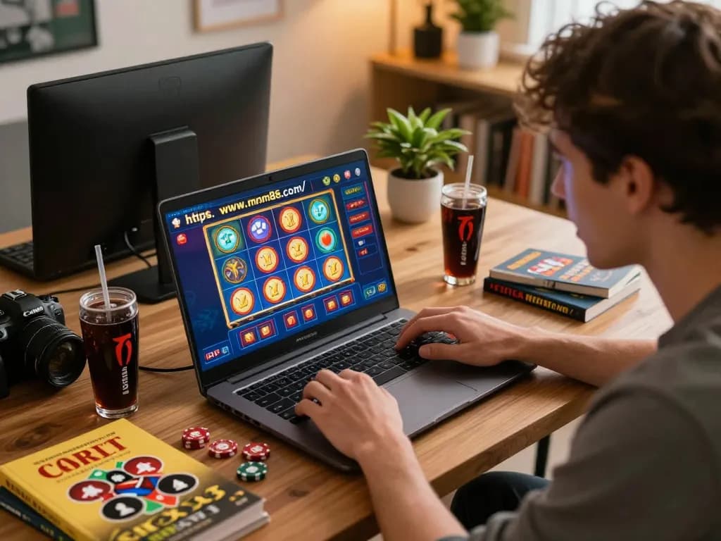 Engaged player on https://www.mnm88.com/ utilizing laptop for online casino gaming with strategy notes.
