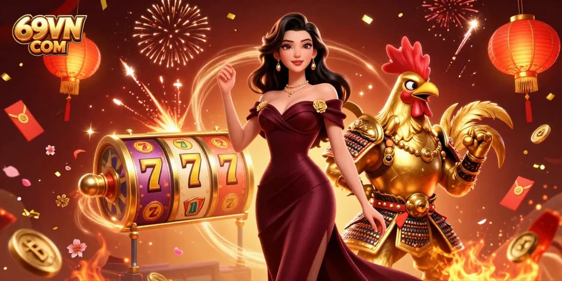 Play thrilling slots with 69VN COM, featuring vibrant characters and festive casino elements.