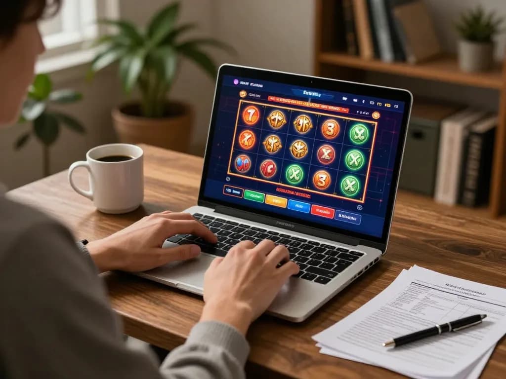 Engaging online gaming experience with link vào 98win on a laptop showcasing vibrant casino slots interface.