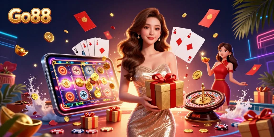 Experience the thrill of Go88 with a stunning illustration of festive casino elements and vibrant characters.