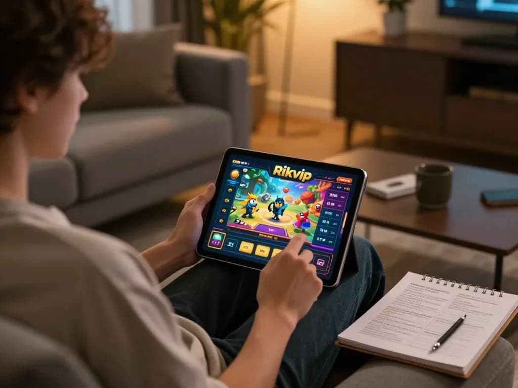 Player engaging on the Rikvip platform with a tablet in a cozy home setting.